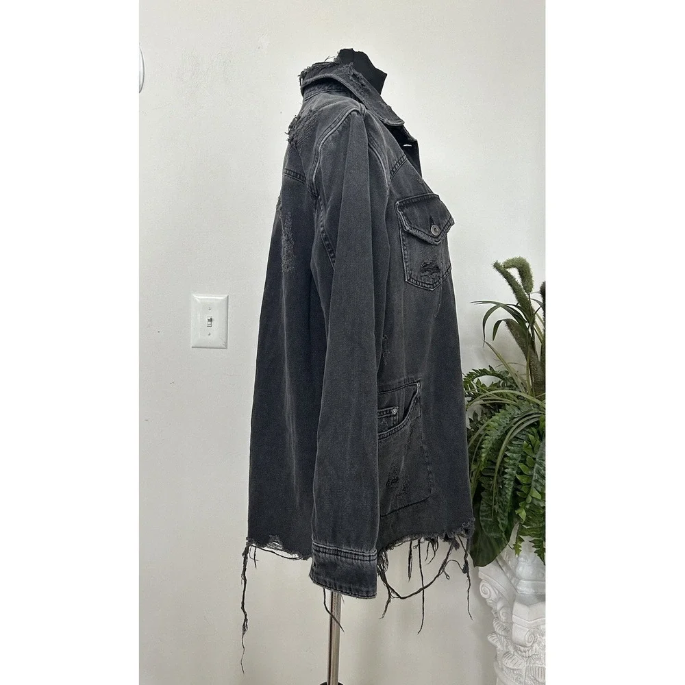 Free People Moonchild Distressed Destroy‎ Hem Denim Boho Black Shirt Jacket Sz M